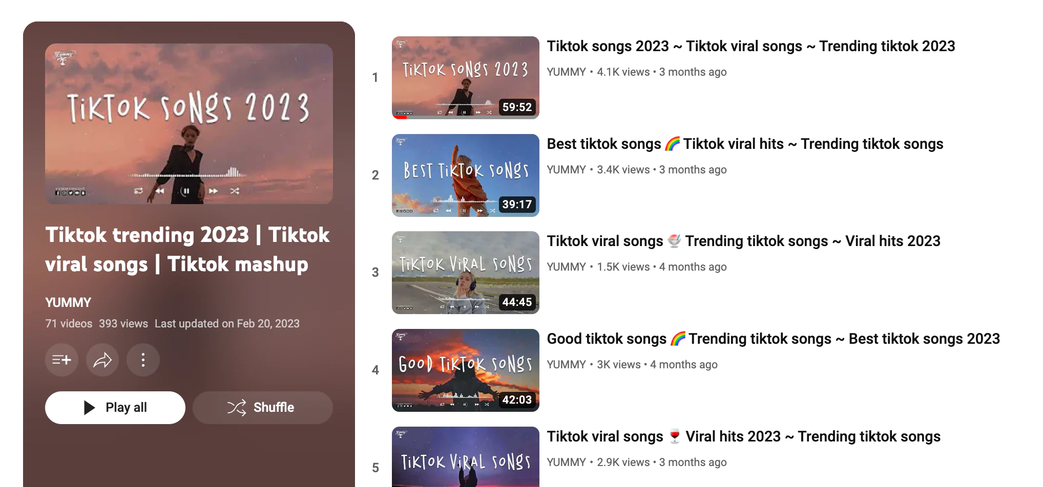 Una captura de pantalla de la interfaz de usuario de YouTube que muestra sugerencias de búsqueda de sonido de TikTok.