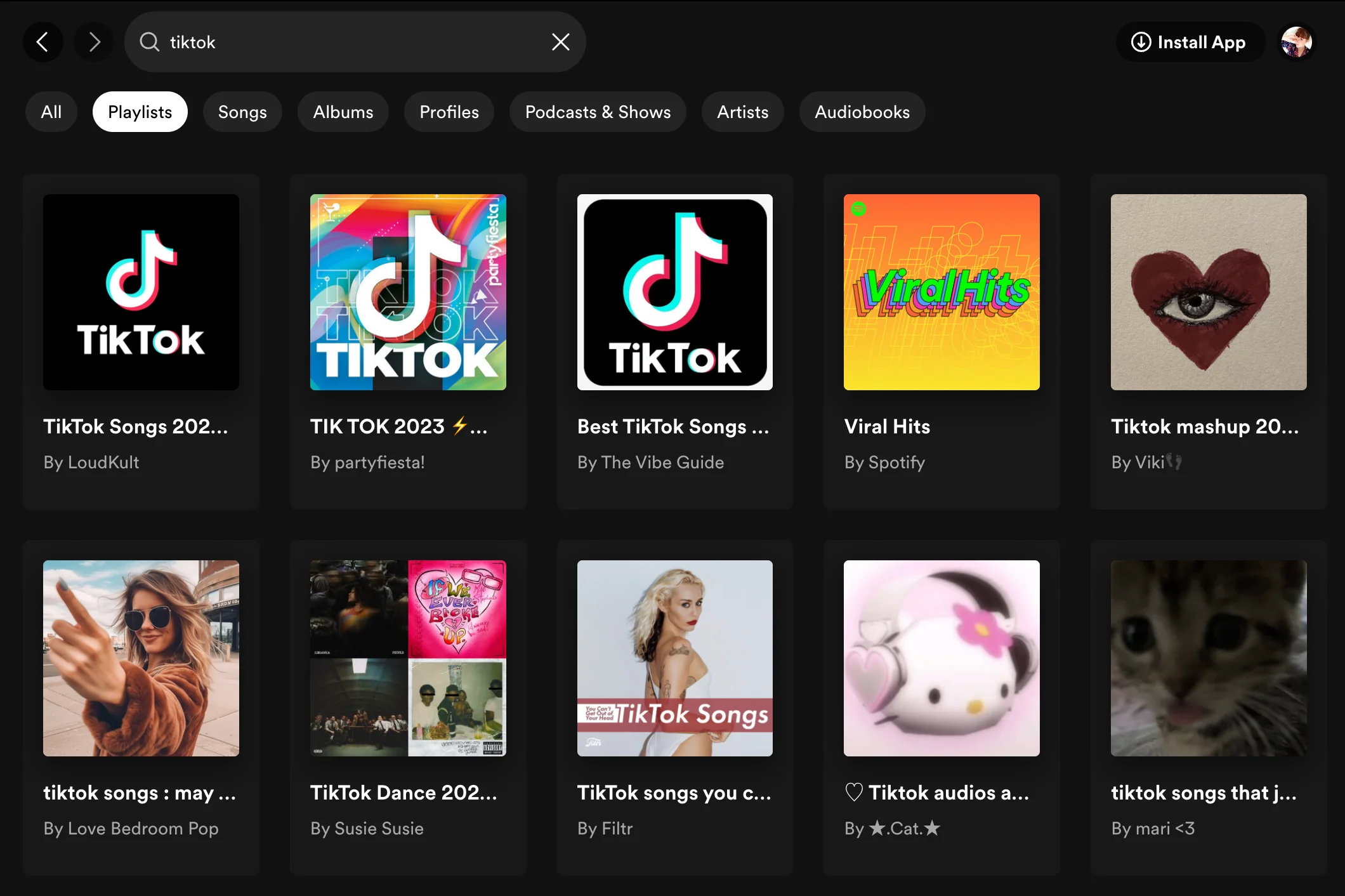 Una captura de pantalla de la interfaz de usuario de Spotify que muestra las listas de reproducción de TikTok