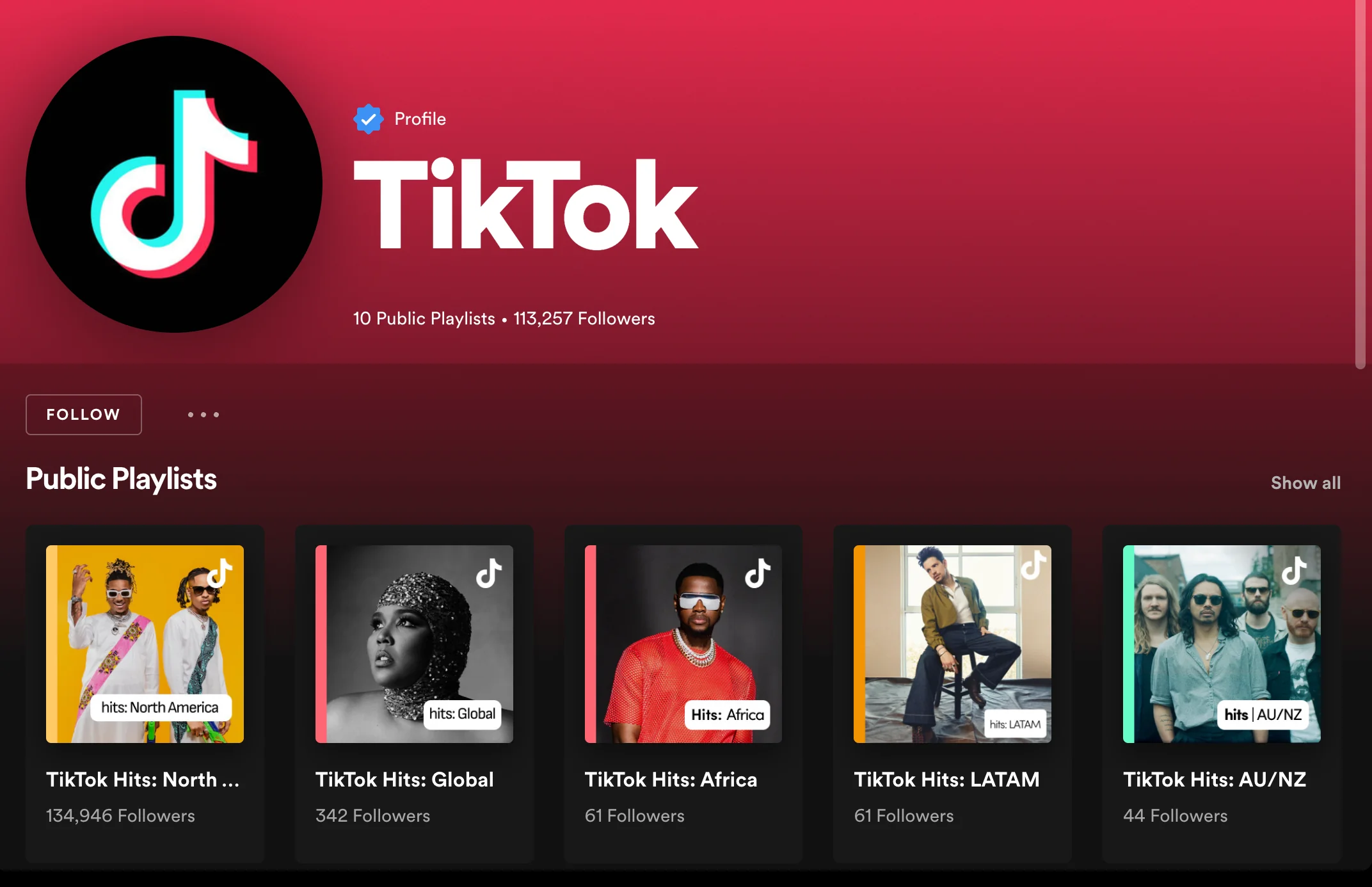 Una captura de pantalla de la interfaz de usuario de Spotify que muestra una lista de reproducción de tendencias de TikTok